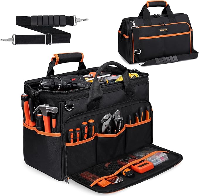 AUROPEAK Heavy Duty Tool Bag 17.3-Inch, 26-Pocket Large Organizer for Men Women with Adjustable Shoulder Strap, Waterproof, Foldable for HVAC Electricians Mechanics Craftsman Contractor