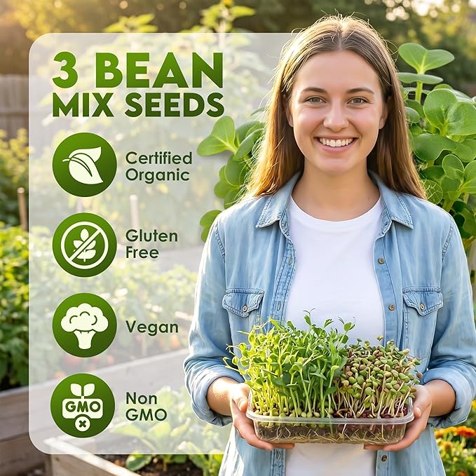 Nature Jim's Sprouts 3-Bean Seed Mix - Organic Green Peas, Lentils & Adzuki Beans for Planting - Non-GMO Microgreen Sprout Seeds, Fast Sprouting, High in Fiber, Protein, Nutrients & Vitamins - 16 Oz