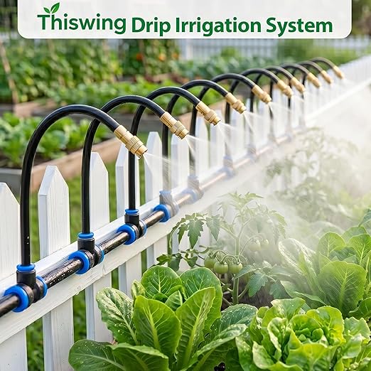 Thiswing 360° Adjustable Drip Irrigation System - Compatible 1/4" Irrigation System, 50FT Automatic Garden Watering Atomizing System with 15 Nozzles, Sprinkler for Yard, Lawn, Plants, Garden