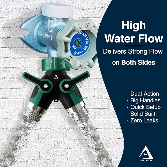 DBR Tech® Hose Splitter 2 Way, Heavy Duty Metal Connector, Two Way Garden Hose Splitter, High Flow Spigot Faucet Bib Adapter, Solid Double Y Shut Off Valve for Outdoor Gardening Hoses, Green