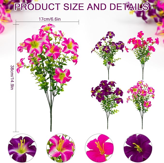 2 Set Artificial Outdoor Petunias Flowers with Hanging Baskets, 24 Pcs UV Resistant Faux Petunias Flowers with Hanging Planter for Front Door Porch Spring Outside Decor (2, RoseRed,RedViolet)