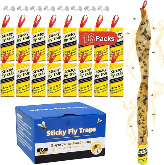 16 Pack Fruit Fly Traps for Indoors, Fly Traps Outdoor, gnat Traps for House Indoor, Fly Strips Tape Killer Catcher Paper Ribbon, Flying Insect Trap for Bug, Gnat, Insect, Mosquito
