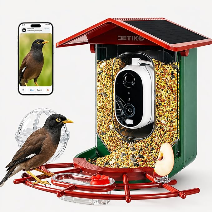 Bird Feeder with Camera, 2K HD 147° Wide Angle, Live View, Solar Powered, IP65 Outdoor, 2.4GHz Wi-Fi, Night Vision, Motion Alerts, Local Storage, AI Bird ID 10,000+ Species, Family Sharing