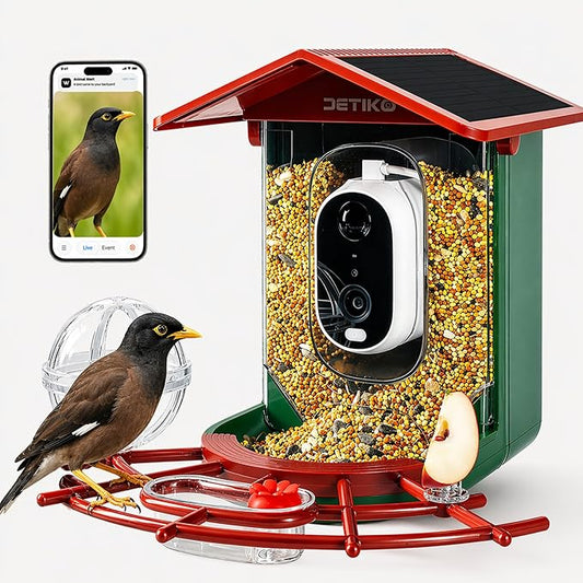 Bird Feeder with Camera, 2K HD 147° Wide Angle, Live View, Solar Powered, IP65 Outdoor, 2.4GHz Wi-Fi, Night Vision, Motion Alerts, Local Storage, AI Bird ID 10,000+ Species, Family Sharing