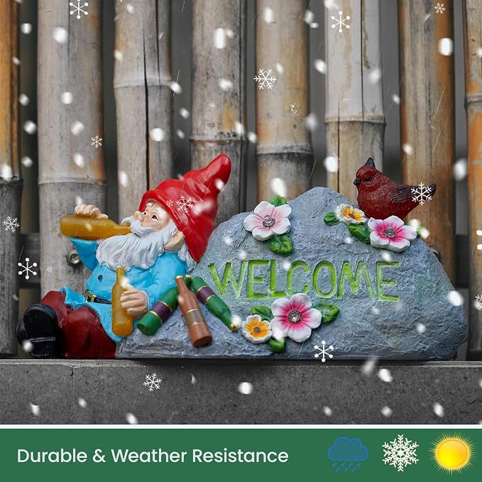 Funny Garden Gnomes Statue with Welcome, Solar Outdoor Gnomes Decorations for Yard, Patio, Lawn, Christmas Birthday Housewaming Gifts, for Dad, Men, Husband, Grandpa, 11.8 Inch, Resin