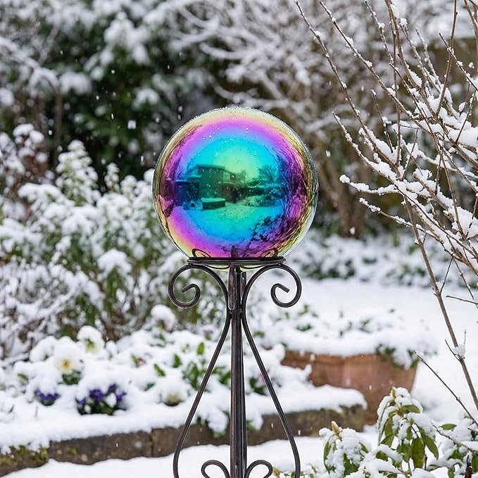 10 inch Diameter Gazing Ball,Rainbow Stainless Steel Polished Reflective Smooth Garden Sphere Globe Mirror,Colorful and Shiny Addition to Any Garden or Home