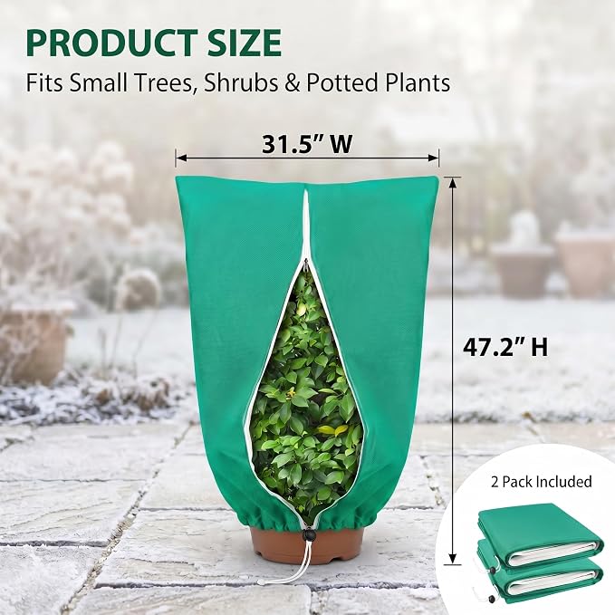 2 Pack Plant Covers Freeze Protection, 31.5" x 47.2" Frost Protection Covers with Zipper and Drawstring, Reusable Winter Plant Blanket for Outdoor Plants, Potted Trees, Shrubs and Garden Plants