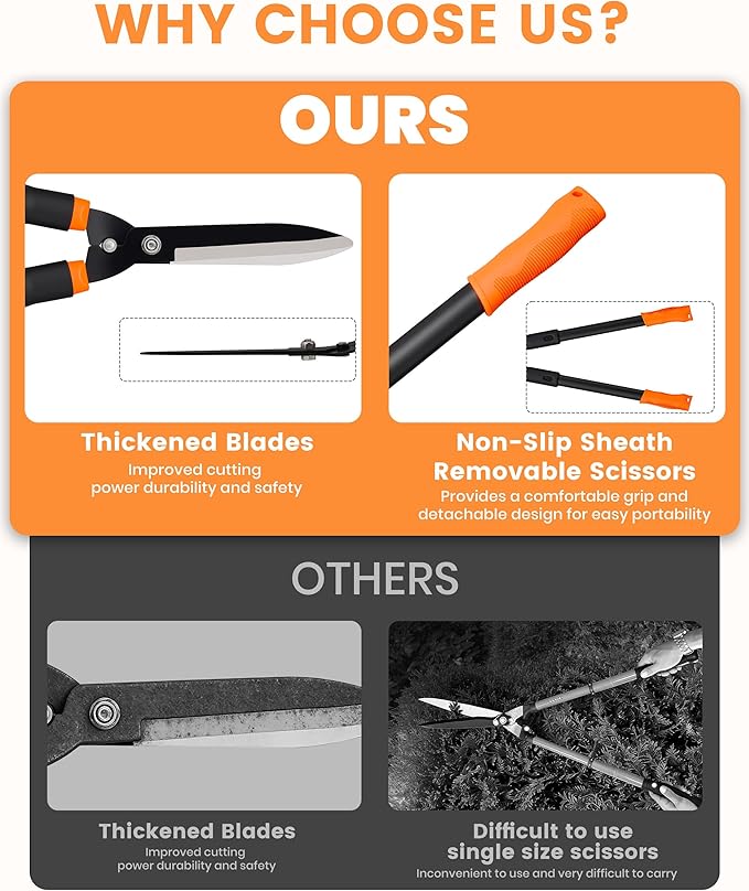 Hedge Shears, 31-Inch Garden Shears with Adjustable Handle, Sharp Blade & Comfortable Grip, Hedge Clippers for Hedges - Black/Orange