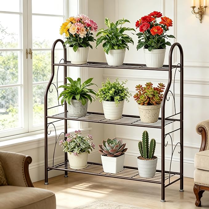 SORCEDAS Plant Stand Indoor Outdoor Plant Shelf 3 Tier Metal Corner Flower Stand Multiple Holder for Patio Garden Balcony Living Room, Bronze