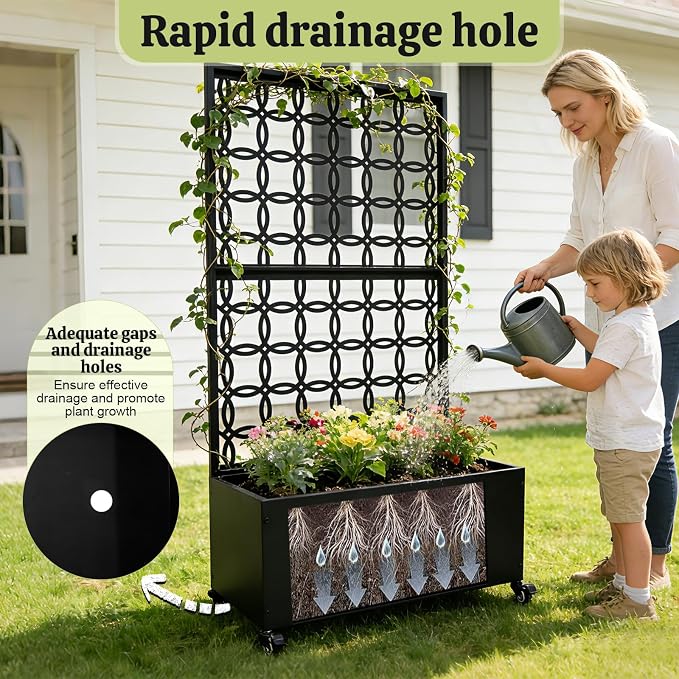 Metal Raised Garden Bed with Trellis and Wheels, 70"x35"x15" Large Planter Box for Climbing Plants & Vegetables, Outdoor Rolling Planter with Drainage Holes and Privacy Screen (Black)