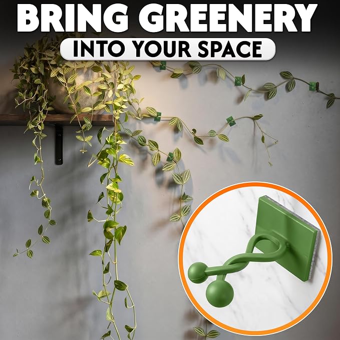 100 Pcs Plant Clips for Climbing Plants - Plant Wall Clips, Green Self-Adhesive Vine Wall Clips for Pothos, Ivy, String of Hearts, Indoor Outdoor Plant Support Hooks, No-Nail Climbing Plant Holder Set