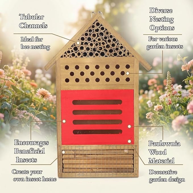 AUNMAS Wooden Bee House, Attracts Pollinators with Tubular Tunnels, Durable Platane Wood Garden Decor, 19.5x3.8x29.8cm Humidity for Bees