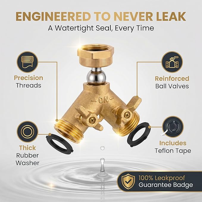Morvat Brass Heavy-Duty Garden Hose Water Splitter | LEAD-FREE 2-Way Y Splitter for Water Spigot & Faucet | Manifold Connector ON/OFF Valves w/Improved Comfort Grip, 3 Extra Washers & Teflon Tape