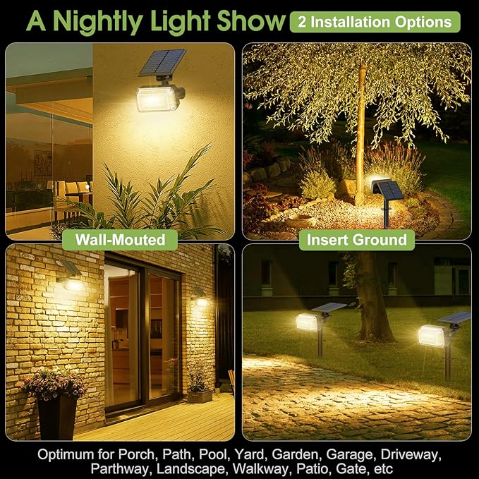 WENATY Solar Spot Lights Outdoor, 102 LED Solar Garden Yard Spotlight Waterproof Landscape Flood Powered Lights with Adjustable Light & Panel, 4 Lighting Modes for Pathway Driveway, 4 Pack(Warm White)