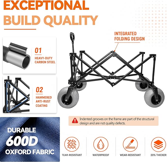 X800 Heavy Duty Beach Wagon with 9x4 Balloon Wheels – 200L Foldable Wagon Cart, 41" Collapsible Utility Wagon with Side Bag for Beach Essentials, Sports, Camping & Outdoor (Navy Blue)