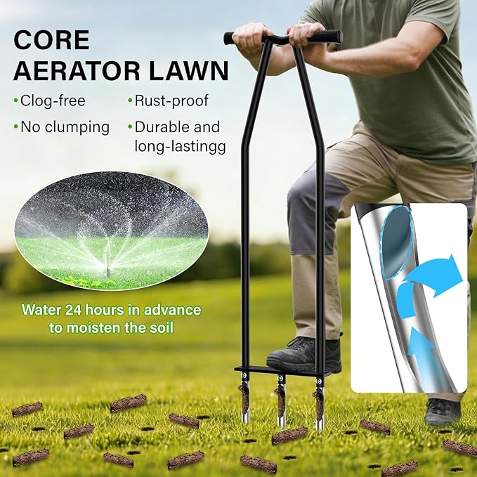VASALAID Lawn Aerator Tool, Manual Core Lawn Aerator with 3 High Strength Stainless Steel Tines, Less Prone to Clogging Heavy Duty Grass Aerating Tool for Keep Your Lawn and Garden Healthy