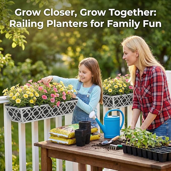 2 Pack 36 Inch Railing Planter Boxes with Adjustable Brackets & Non-Woven Liner, Deck Window Hanging Flower Box for Balcony, Fence, Patio, Outdoor Garden, Gray