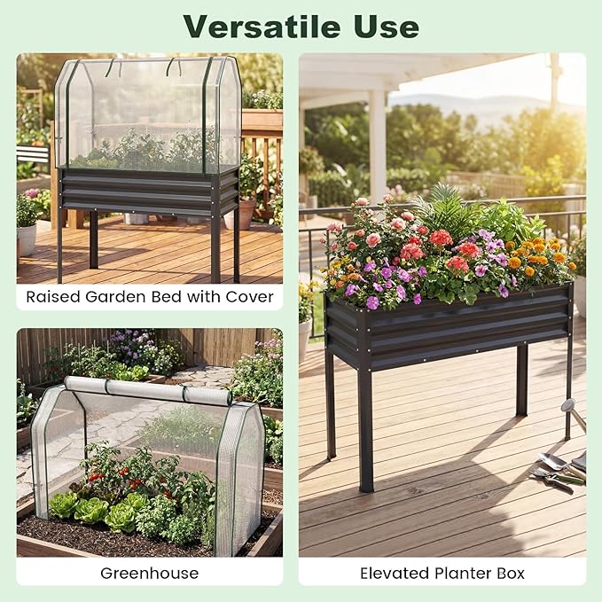 Giantex Raised Garden Bed with Legs & Greenhouse Cover, 44x22x60 Elevated Metal Planter Box with Roll-up Door, Outdoor Mini Greenhouse for Vegetable Flower Herb Patio Balcony (Black,1)