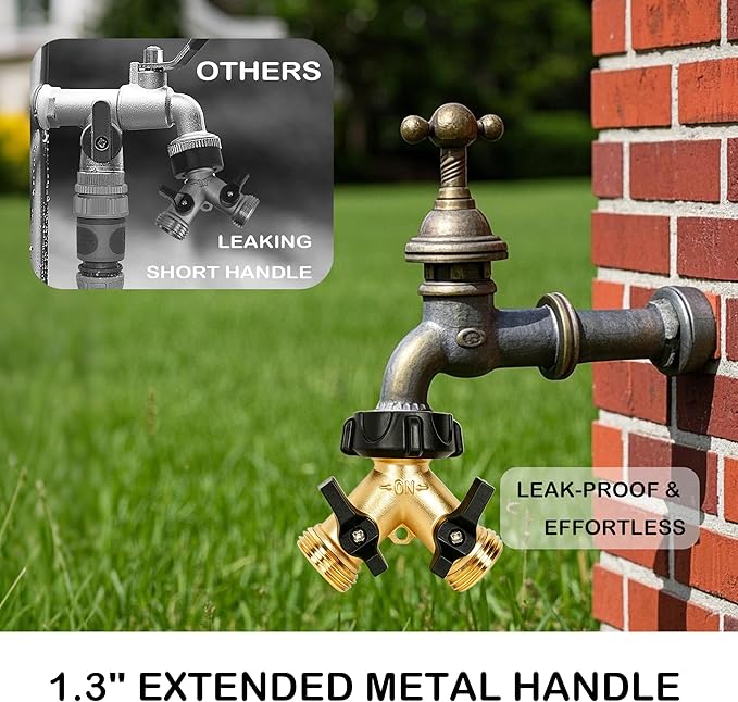 LIULO TOOL Brass Garden Hose Splitter 2 Way, Hose Y Splitter 3/4 Inch Heavy Duty Brass Hose Connector Tap Splitter, Hose Spigot Adapter 2 Valves with Rubber Washers (1 Pack)