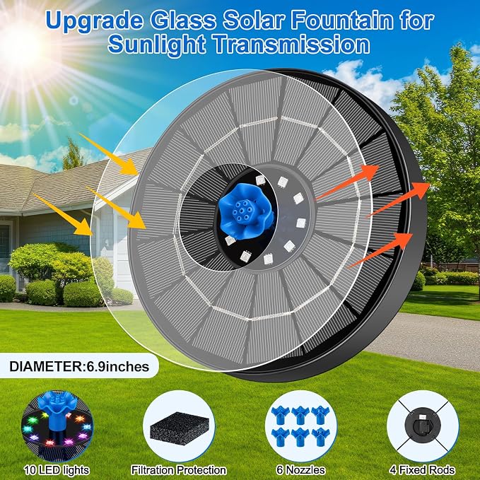 SEIRMEP Solar Fountain Pump with 3 Spray Height Adjustments, Upgraded Glass Solar Bird Bath Fountains with LED Lights,6 Nozzles,Outdoor Solar Water Fountain for Bird Bath, Garden, Pool, Pond (Blue)