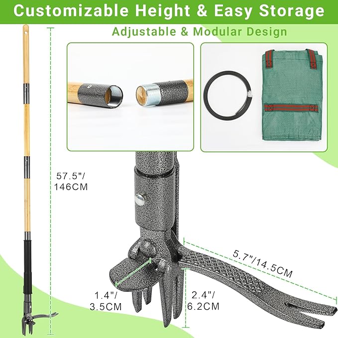 Weed Puller Tool, Heavy Duty Gardening Hand Tools with 4-Claw Steel Head & Dual-Eject Mechanism, 57.5" Bamboo Long Handle Stand Up Weeding Tool for Lawn Yard, Includes 16 Gallon Leaf Bag | 4-Claw Steel Head,Dual-Eject Mechanism,57.5" long handle
