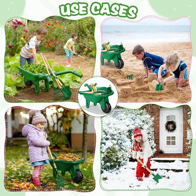 Kids Gardening Tools Set with Wheelbarrow, Wooden & Metal Outdoor Gardening Toys for Summer Outdoor Yard Digging & Weeding, Easter Birthday Gifts for Boys Girls Age 3+ Years (Green)