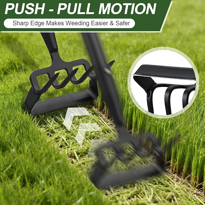 Hoe Garden Tool for Weeding 2-in-1 Heavy Duty Metal Stirrup Hoe 4 Tines Prong Weed Hoe with 32-62 inch Long Adjustable Handle for Women Kids Men