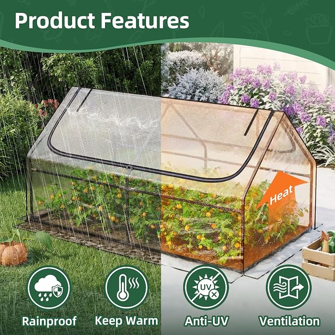 Superlele Mini Greenhouse for Outdoor, 6x3x3FT Portable Walk-in Greenhouse with 2 Large Zipper Doors, Transparent PVC Cover for Plant Protection, Ideal for Raised Garden Bed, Winter Gardening