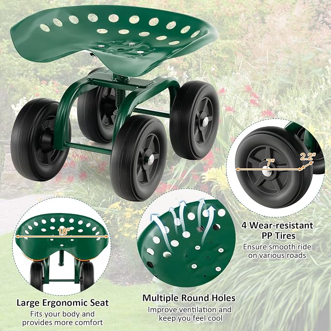 Garden Cart with Seat, Heavy-Duty Rolling Outdoor Wagon Scooter w/Height Adjustable & 360° Swivel Seat, Gardening Work Seat Stool, Patio Scooter on Wheels for Lawn Yard Planting (Green)