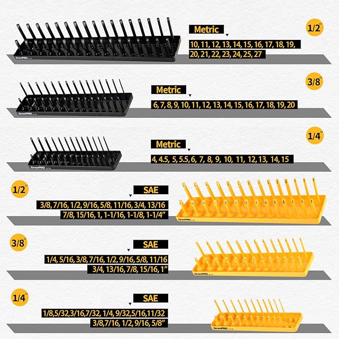 GRENPRO 7PCS Socket Organizer Tray Set with Mini Folding Tray, Yellow & Black Magnetic Socket Holder for 1/4", 3/8", 1/2" Drive Metric and SAE Sockets