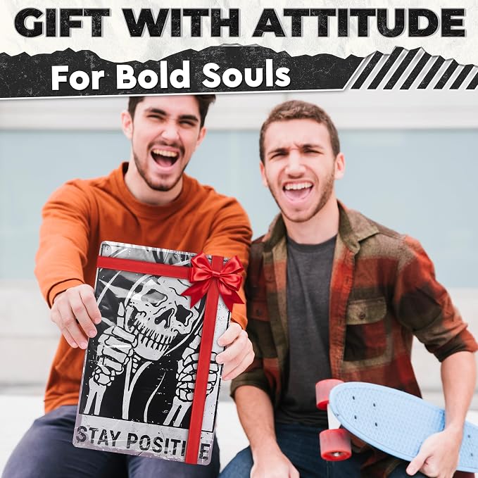 Stay Positive Skull Tin Sign – Retro Funny Wall Art 8×12 Inch | Vintage Metal Skull Decor for Man Cave, Bar, Bedroom, Garage or Office, Goth Home Decor – Indoor and Outdoor Use, Unique Gift Idea