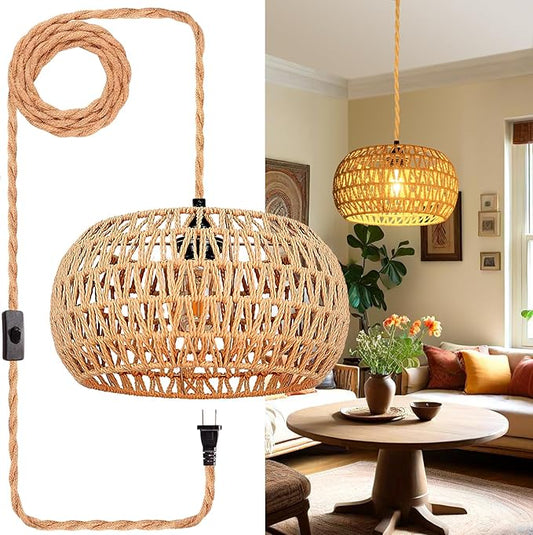Hanging Lights with Plug in Cord Rattan Hanging Lamp Boho Ceiling Light Fixtures Farmhouse Pendant Lamp Shape for Living Room Bedroom Kitchen