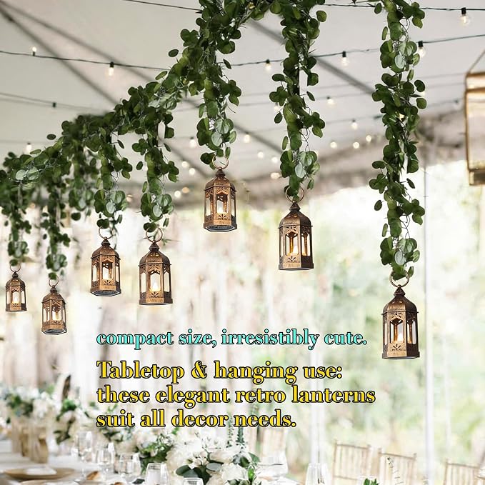 Mini Moroccan Lanterns with LED Tealight Set of 12, Vintage Brown Decorative Hanging Lanterns for Ramadan, Christmas, Halloween, Wedding, Fairy Party Decorations, Table Centerpiece