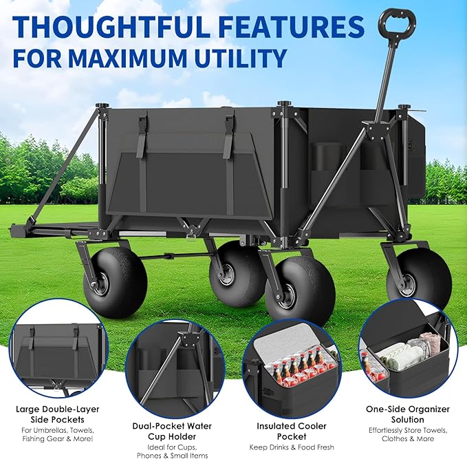 Beach Wagon with Big Wheels for Sand - 450lbs Load Heavy Duty Wagons Carts Foldable with 9" All Terrain Inflatable Tires, Collapsible Beach Cart for Grocery Shopping Garden Sports Camping Outdoor