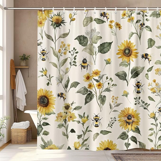 Rustic Boho Sunflowers Bee Shower Curtain, Vintage Chic Country Floral Botanical Floral Plant Farmhouse Cottagecore Aesthetic Shower Curtain Set with Hook, Beige Yellow Bath Curtain 72X78 Inch