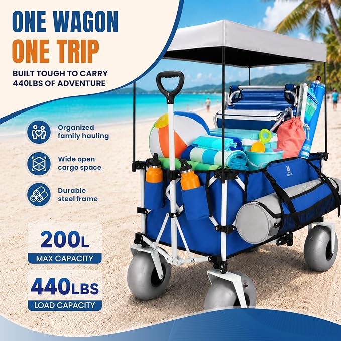 Navatiee Beach Wagon with Big Balloon Wheels for Sand, 200L Extra Large Beach Cart with Canopy, 440Lbs Heavy Duty Folding Wagon Collapsible with 9" Tires & Side Pocket for Beach, Outdoor, Blue