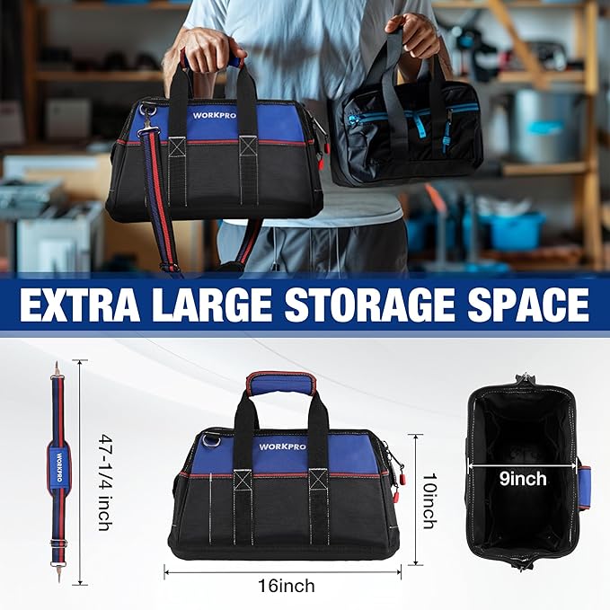 WORKPRO 16-inch Wide Mouth Tool Bag, Heavy Duty Cloth Tool Storage Bag with Water Proof Molded Base, Adjustable Shoulder Strap, Father Day Gifts for Men