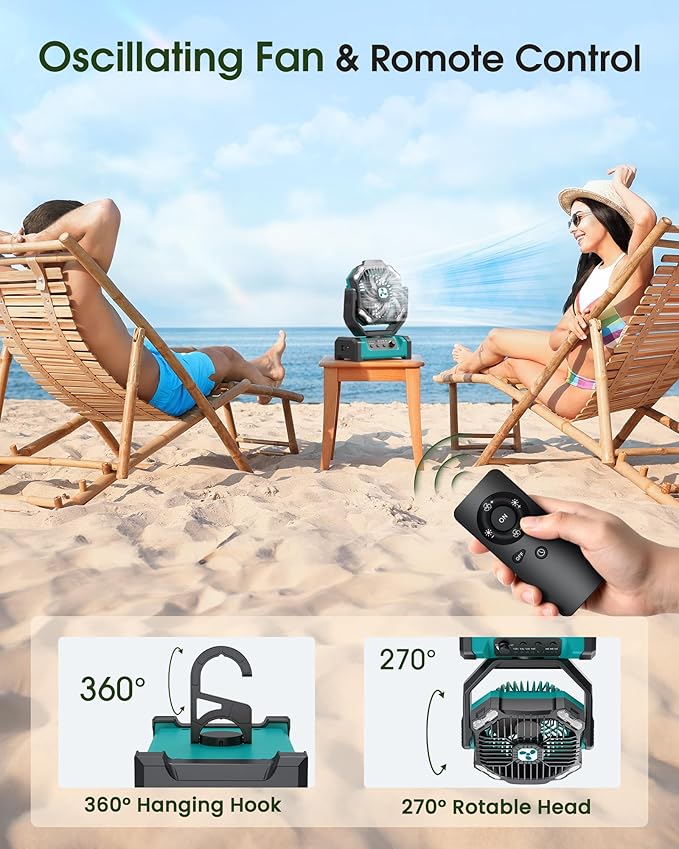 ONLYNEW Camping Fan 20000mAh Portable Fans USB C Rechargeable Battery Powered Fan with LED Lantern & Remote, Oscillating,Timer, Remote Auto, Hook for Tents Travel Outdoor Camp Beach Home Gifts Green