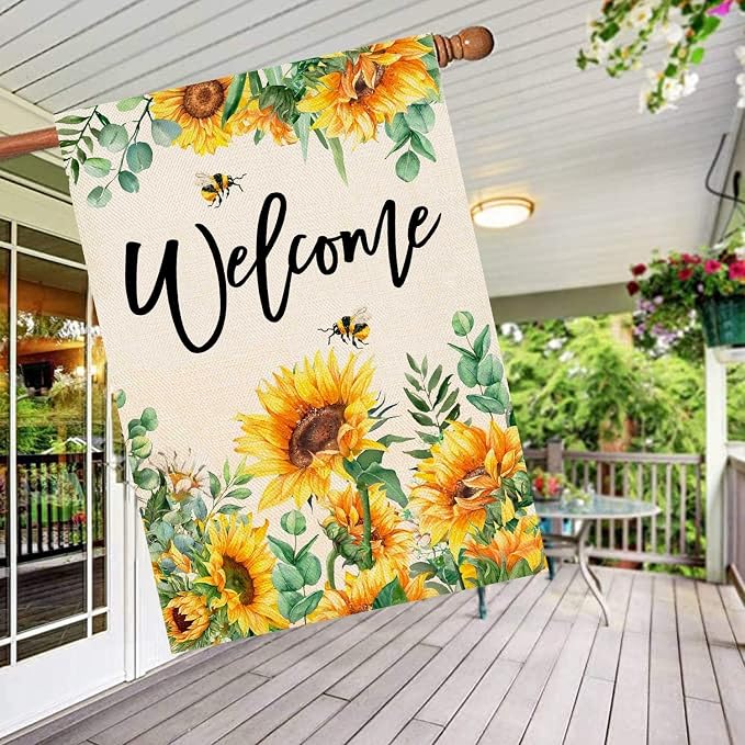 Baccessor Sunflower House Flag Spring Summer Bee Eucalyptus Leaves Welcome Flag 28 x 40 Inch Double Sided Burlap Yard Large Outside Decor