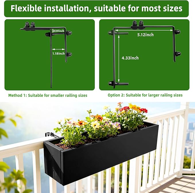 2 Pack Metal Railing Planter Box, 30 Inch Balcony Planters with Adjustable Brackets, Large Hanging Planters for Outdoor Fence Deck