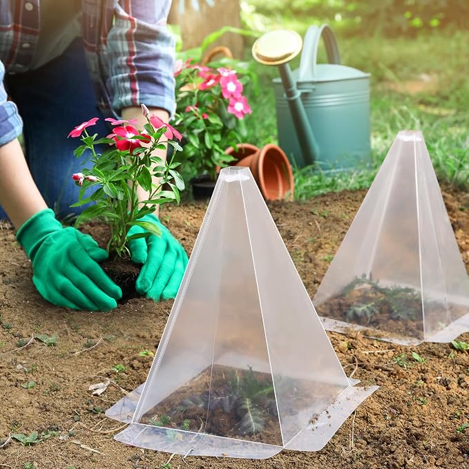 Garden Cloches for Plants, 50 Pack Plastic Small Plant Seedling Protector, Reusable Clear Bell Covers with 100pcs Metal Stakes, Mini Greenhouse Against Sun, Frost, Snails, Birds, 7.8" x 11"