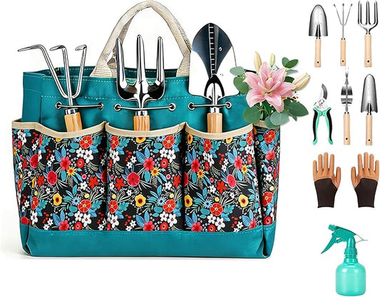 Garden Tool Set, 9 Pcs Heavy Duty Stainless Steel Gardening Hand Tool, Turquoise Garden Tool Bag Kit, Gardening Supplies Gifts for Women Men Mom Dad Gardener Beginner
