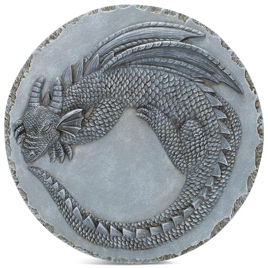 NAT & Jules Animal Character Dimensional Indoor Outdoor 12 inch Round Cast Resin Decorative Garden Stepping Stone, Patio, Walkway Sculpture Yard Art, Stone Grey Dragon