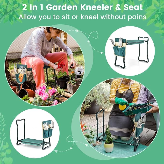 HAPPYGRILL Garden Kneeler Bench with Tools Pouch, Folding Garden Seat Stool Kneeling Pad Cushion for Patio Garden Yard