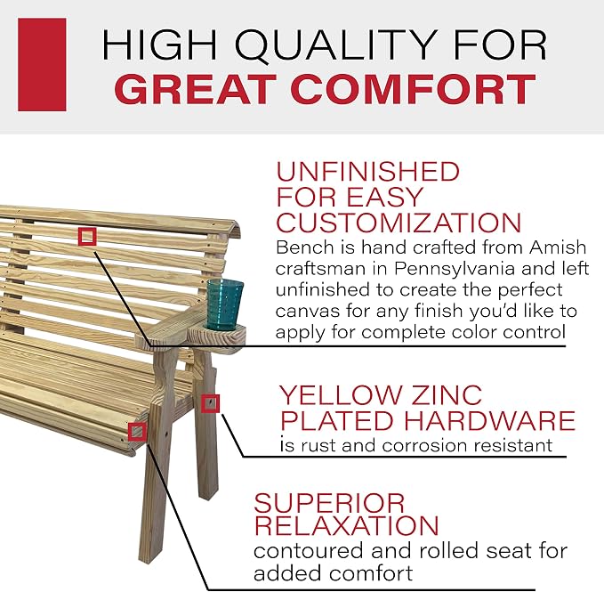 Amish Casual Heavy Duty Pressure Treated 4 Foot Outdoor Garden Bench with Cup Holders - Amish Crafted Roll Back Design in Unfinished, 700 Lb Weight Capacity