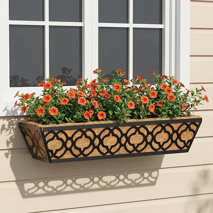 Y&M 6Pcs 24 Inch Railing Planter with Coconut Coir Liner, Window Deck with Horse Trough Coco Liner, Metal Hanging Flower Balcony Planter for Outdoor Garden Fence Lawn
