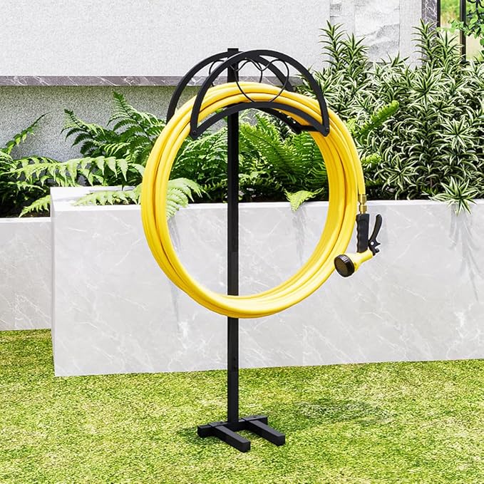 Garden Hose Holder Freestanding Hose Holder Heavy Duty Metal Detachable Hose Reel Stand Water Hose rack For Outside (Black, 15.35 * 6.3 * 41.34)