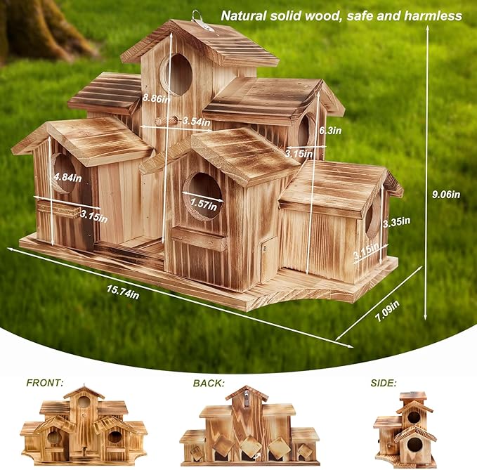 Wooden Bird House for Outside, 7-Compartment Large Birdhouse Castle with Perches, Weatherproof Burnt Wood Hanging Bird Nest for Garden Patio, Decorative Bird Shelter for Bluebird, Finch, Sparrow
