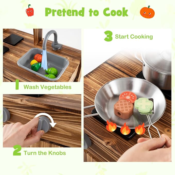 Costzon Mud Kitchen, Fir Wood Outdoor Play Kitchen with 4 Planting Pots, Faucet, Removable Sink, Stoves, Cooking Accessories, Kids Kitchen Playset for Backyard, Garden, Gift for Boys Girls 3+ (Brown)