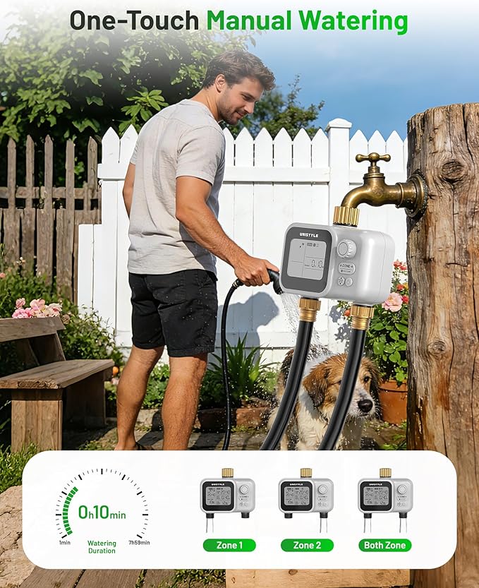 [All-New 2027] 2 Zone Sprinkler Timer with Brass Inlet, Low-Pressure Water Sources, Unistyle Ball Valve Water Timer for Garden Hose, Rain Delay, Manual Control, Automatic Irrigation for Hose Timers
